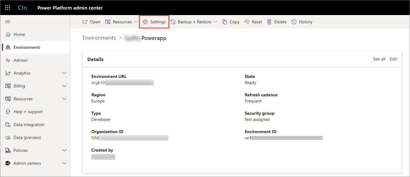 Environment details page in Power Platform admin center with Settings highlighted in the toolbar