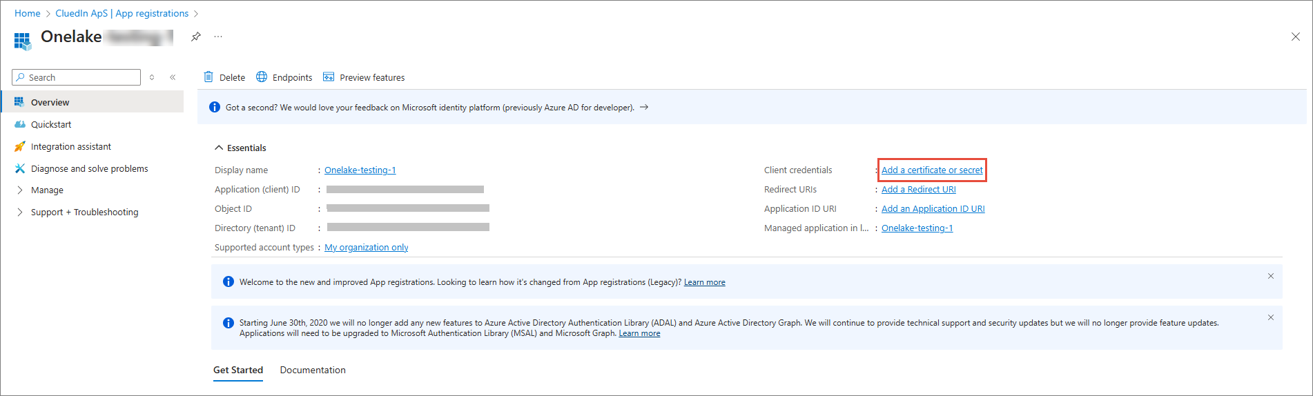 App registration Overview page with the Add a certificate or secret link highlighted next to Client credentials