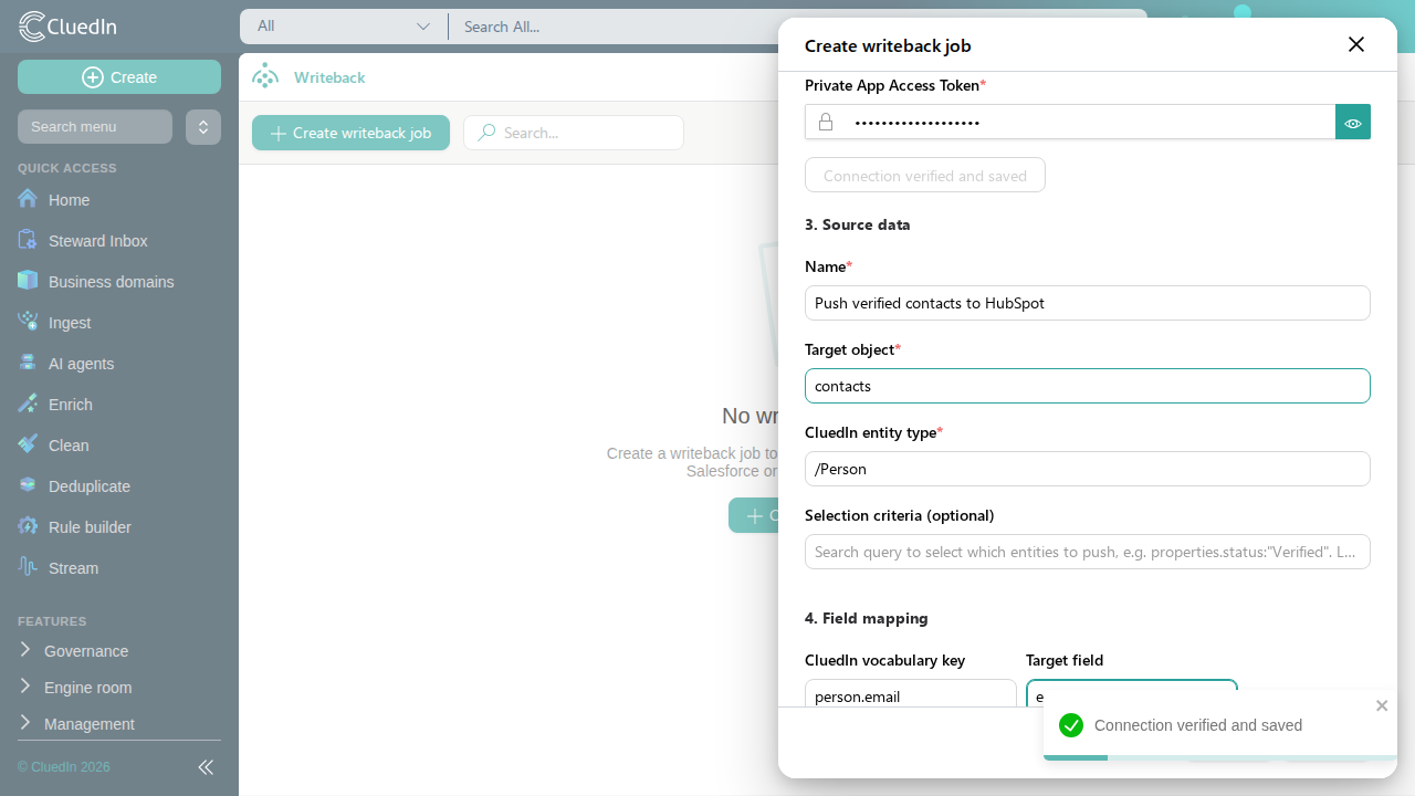 The writeback job creation panel, with the job name, target object, entity type, and a field mapping from person.email to email filled in
