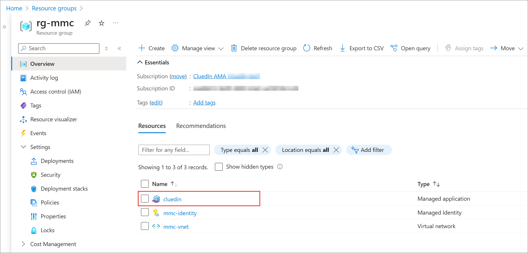 Resource group rg-mmc resources list with the cluedin managed application highlighted