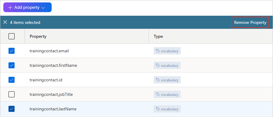 Clean project properties list with four properties selected, all except trainingcontact.jobTitle, and the Remove Property button highlighted