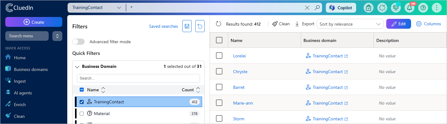 Search page with TrainingContact selected under Business Domain in the Filters pane, and 412 results shown in the Name, Business domain, and Description columns
