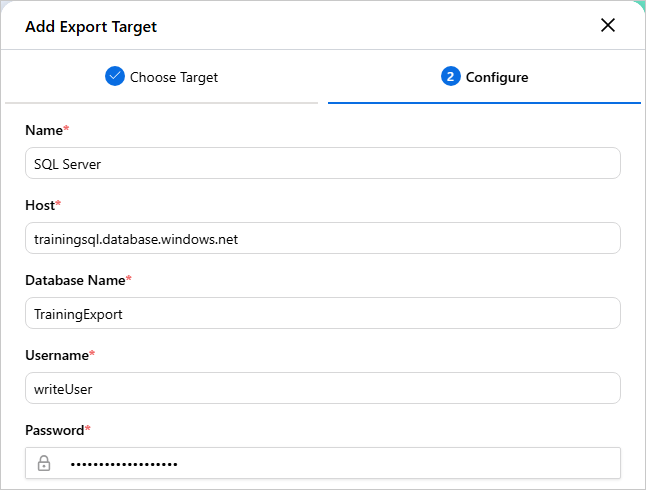 The Configure tab of the Add Export Target dialog with Name, Host, Database Name, Username, and Password filled in