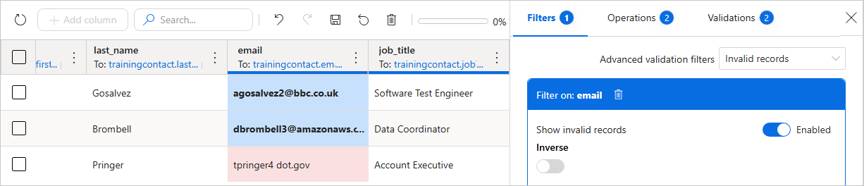 Two corrected email values shown in bold, while one remaining invalid value is still highlighted in red