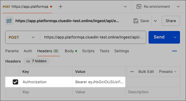 POST request Headers tab with the Authorization key set to a value starting with Bearer followed by the API token