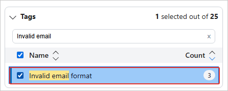 Tags filter in search with Invalid email format selected, matching 3 records