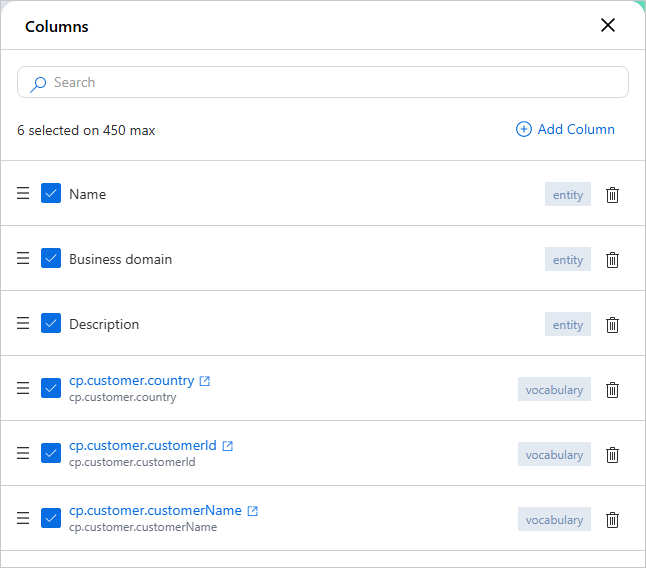 Columns pane listing the displayed entity and vocabulary columns with drag handles, delete icons, and Add Column