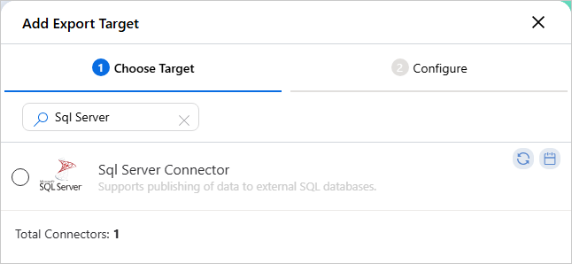 The Add Export Target dialog on the Choose Target tab, with a search for Sql Server returning Sql Server Connector