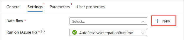 The Settings tab with the + New button next to the Data flow field highlighted