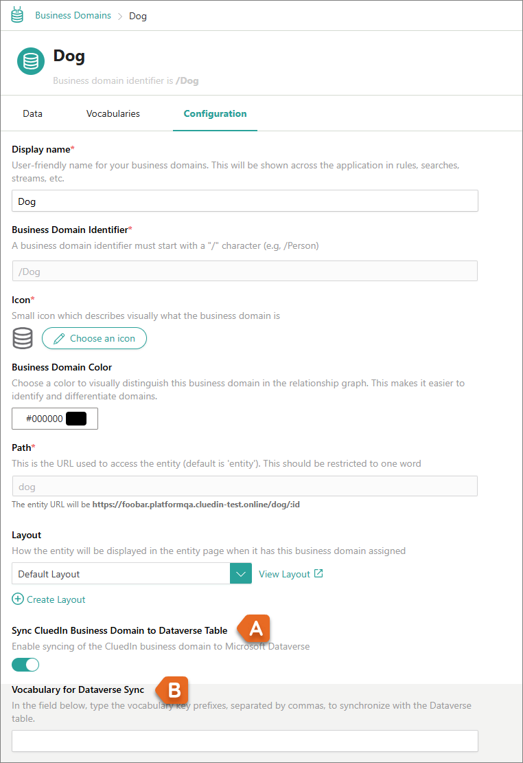 The Dog business domain Configuration tab, with the Sync CluedIn Business Domain to Dataverse Table toggle on and the Vocabulary for Dataverse Sync field