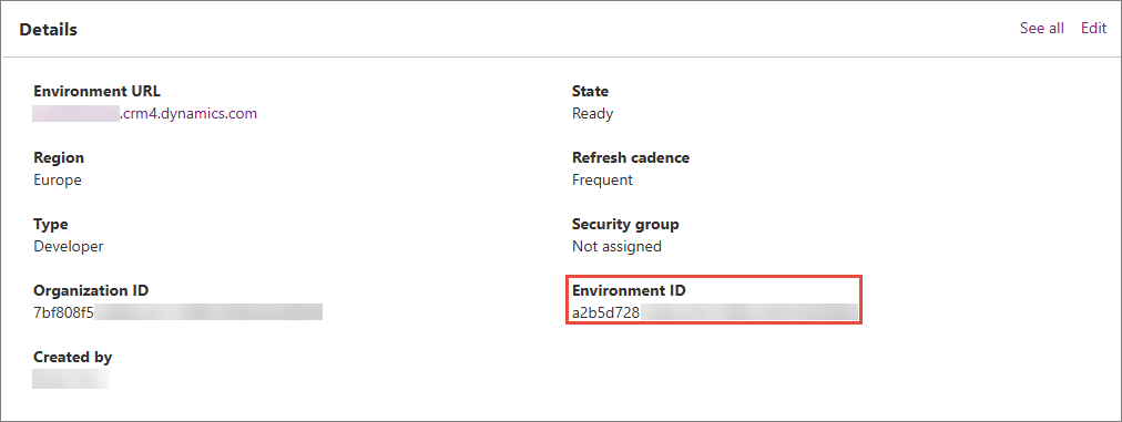 Power Platform environment Details panel with the Environment ID highlighted