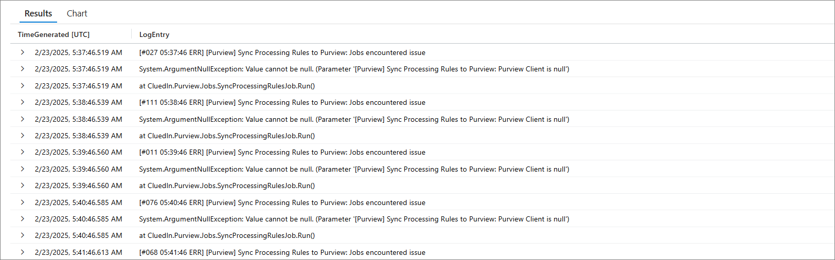 Query Results with TimeGenerated and LogEntry columns, showing repeated Purview sync error entries in chronological order