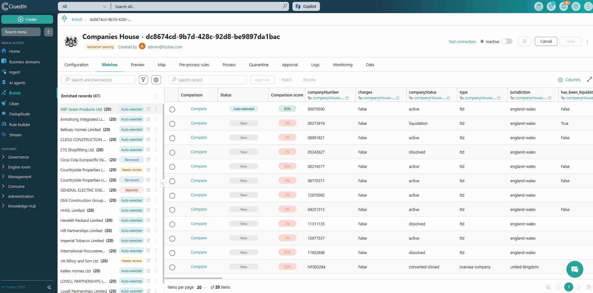 Animation: selecting Compare in the matches table to open the comparison view for a candidate, with its Comparison score
